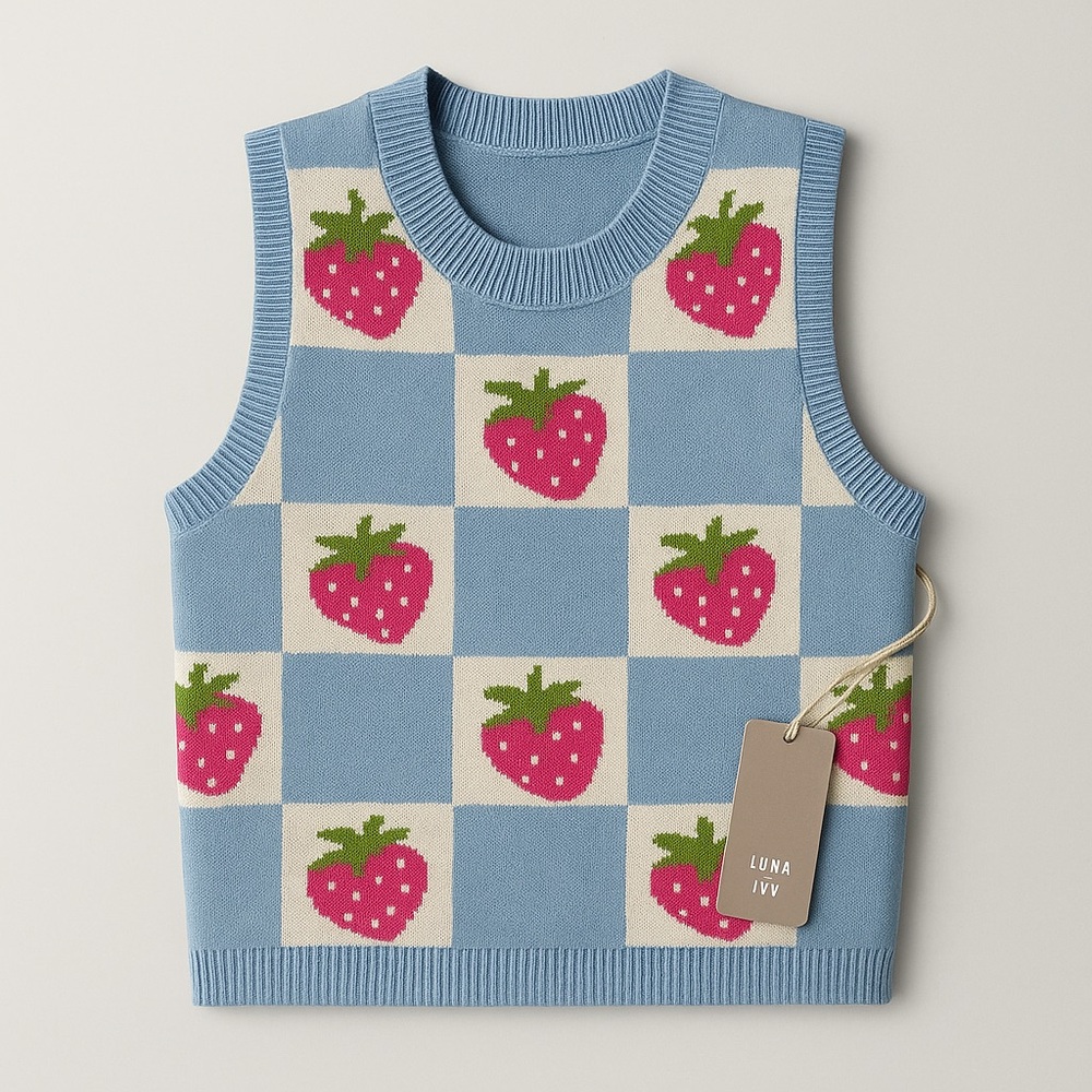 Luna Ivy Blue Strawberry Knit Vest size small